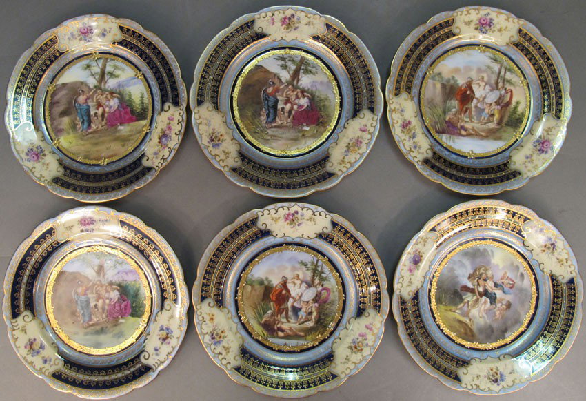 SET OF (6) ROYAL VIENNA PAINTED PORCELAIN PLATES d: SET OF (6) ROYAL VIENNA PAINTED PORCELAIN PLATES diameter: 7 1/2" estimate 200-400