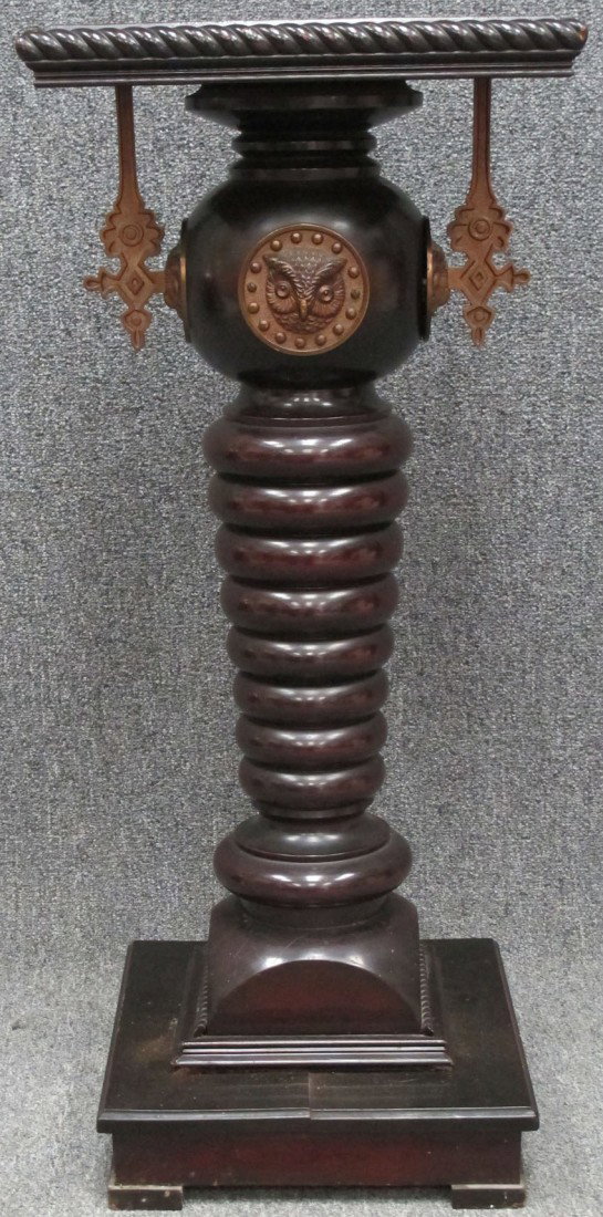 VICTORIAN CHERRY PEDESTAL with metal mounts of Owl: VICTORIAN CHERRY PEDESTAL with metal mounts of Owl height: 37" estimate 800-1200
