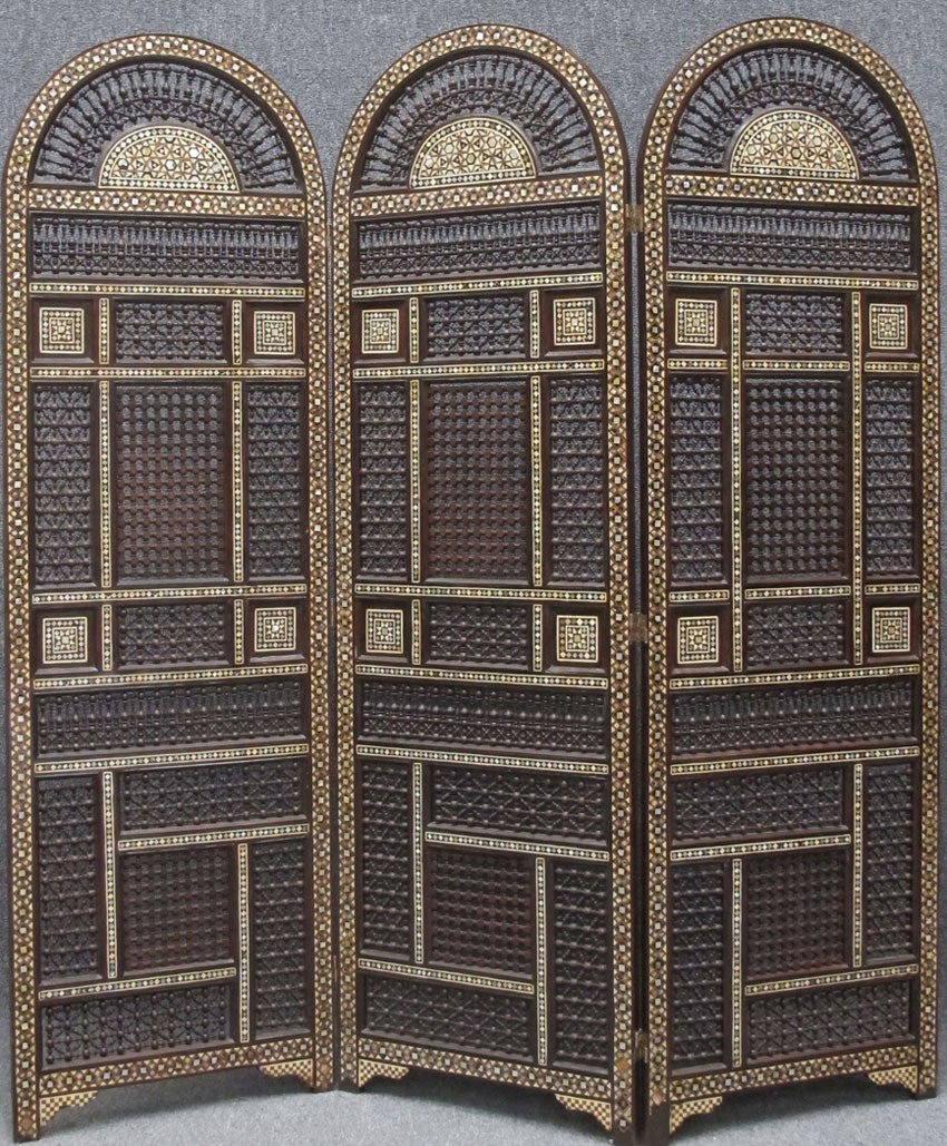 MOORISH INLAID THREE PANEL DRESSING SCREEN height: MOORISH INLAID THREE PANEL DRESSING SCREEN height: 79" estimate 800-1200