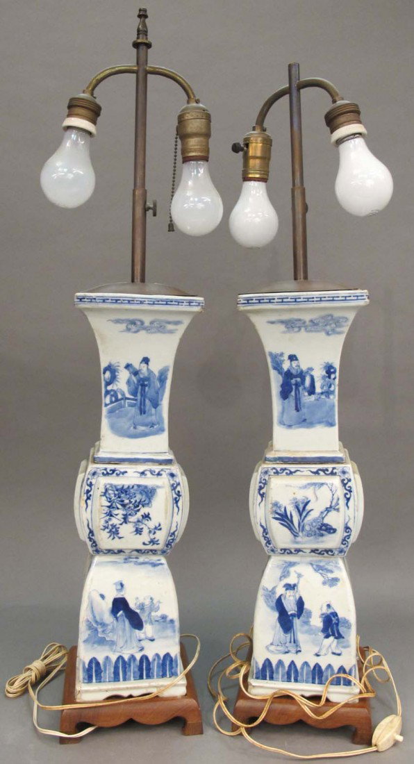 PAIR OF CHINESE PORCELAIN BLUE AND WHITE VASES con: PAIR OF CHINESE PORCELAIN BLUE AND WHITE VASES converted to lamps height of porcelain: 17 7/8" estimate 400-600