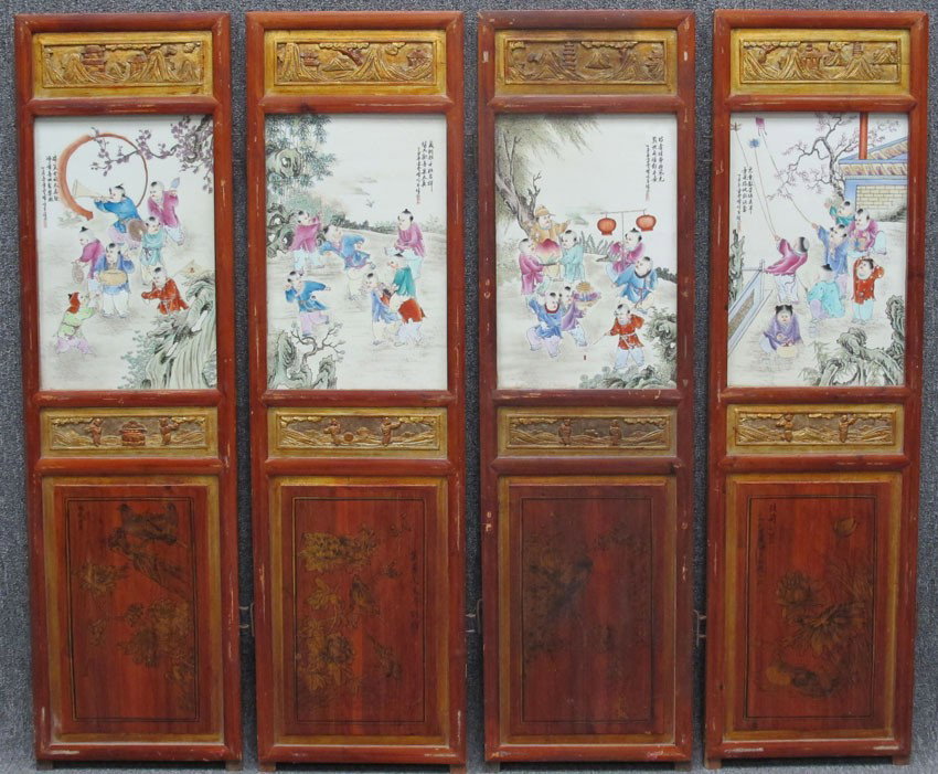 SET OF (4) CHINESE PANELS with painted porcelain p: SET OF (4) CHINESE PANELS with painted porcelain plaques overall: 54 1/2"x 15 1/2" (each panel) estimate 2000-3000