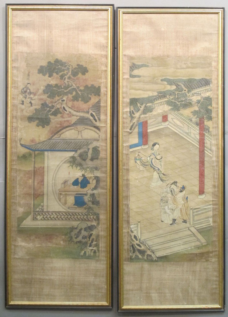 PAIR OF CHINESE 18TH/19TH CENTURY INTERIOR PAINTIN: PAIR OF CHINESE 18TH/19TH CENTURY INTERIOR PAINTINGS sight: 17"x 41" overall: 22"x 62" estimate 600-900