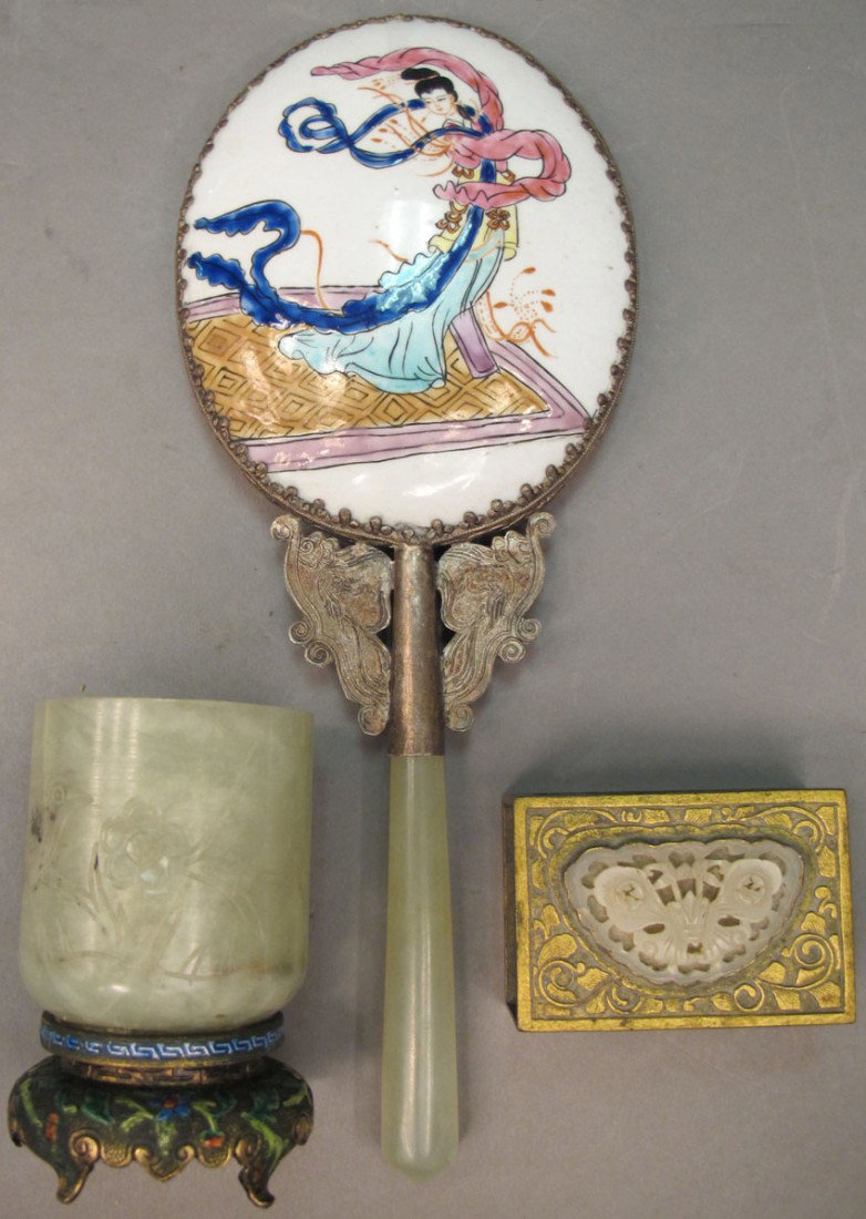 LOT OF (3) CHINESE ANTIQUE ACCESSORIES Jade and Si: LOT OF (3) CHINESE ANTIQUE ACCESSORIES Jade and Silver Cup, Jade and Porcelain Mirror, Jade and Bronze Match Box estimate 400-600