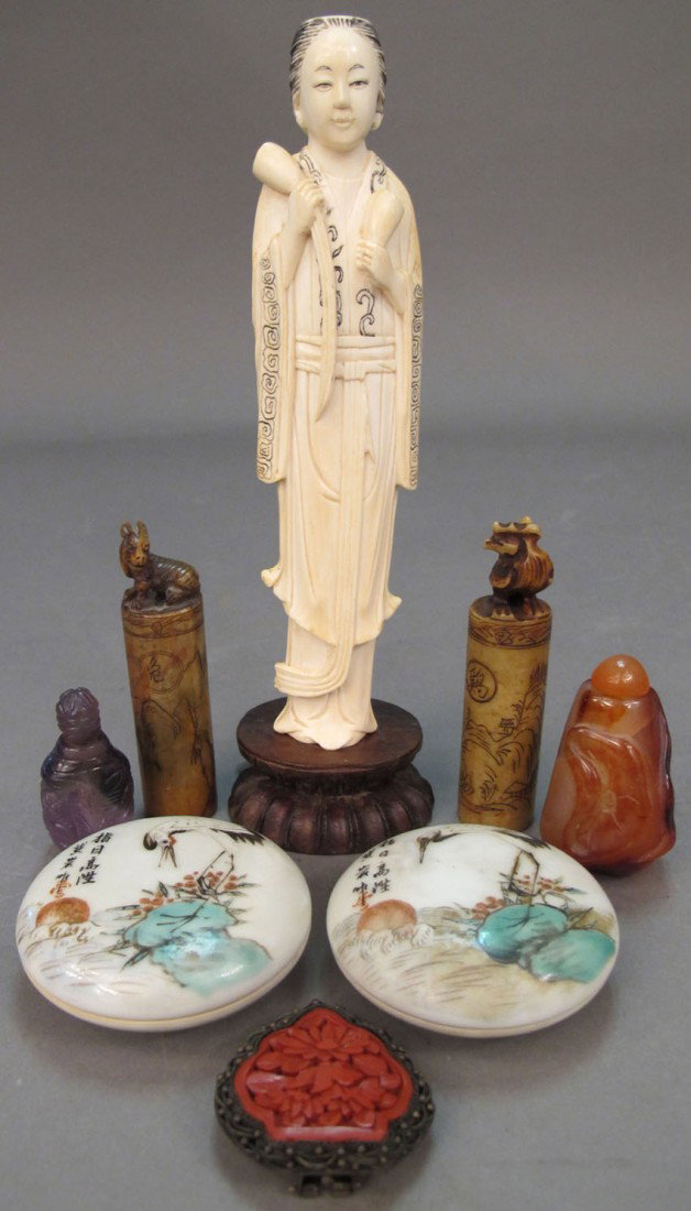 LOT OF (8) CHINESE AND JAPANESE DECORATIVE includi: LOT OF (8) CHINESE AND JAPANESE DECORATIVE including porcelain dresser boxes, stone carved seals,Ivory Quan Yin,brooch and snuff bottle estimate 400-600