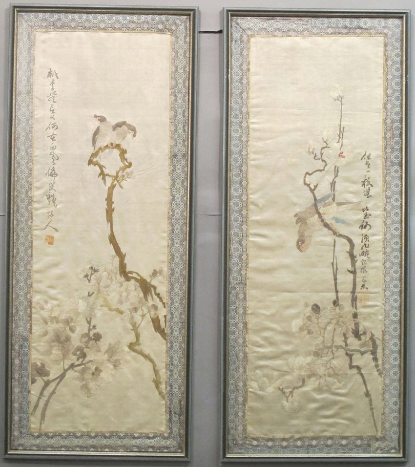 PAIR OF CHINESE EMBROIDERED SILK PANELS IN FRAME o: PAIR OF CHINESE EMBROIDERED SILK PANELS IN FRAME overall: 44 3/8"x 18 1/4" estimate 400-600