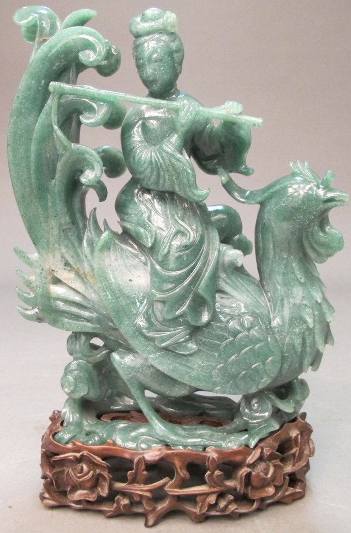 CHINESE CARVED HARDSTONE OF WOMAN AND PHOENIX with: CHINESE CARVED HARDSTONE OF WOMAN AND PHOENIX with stand height without stand: 8" estimate 500-700
