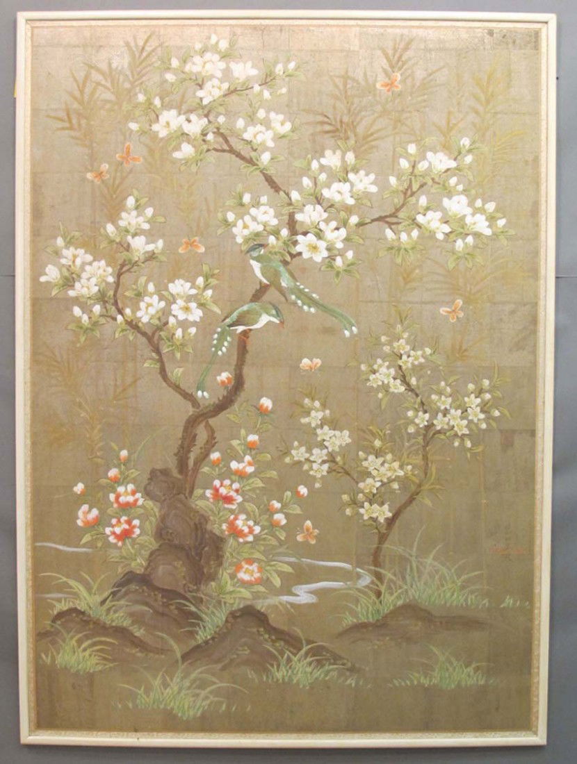 ROBERT CROWDER, O/B Asian Decorative Painting of B: ROBERT CROWDER, O/B Asian Decorative Painting of Birds sight: 45"x 63 1/4" estimate 300-500