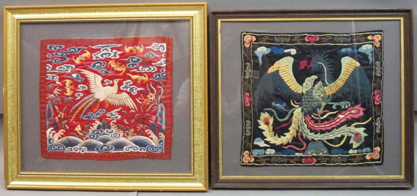 LOT OF (2) CHINESE CIVIL RANK BADGES OF BIRDS fram: LOT OF (2) CHINESE CIVIL RANK BADGES OF BIRDS framed: 15 3/4"x 17 3/4" framed: 18 1/2"x 16 5/8" estimate 400-600