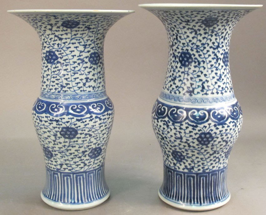 PAIR OF CHINESE BLUE AND WHITE PORCELAIN VASES: PAIR OF CHINESE BLUE AND WHITE PORCELAIN VASES heights: 15 1/2", 16 1/8"