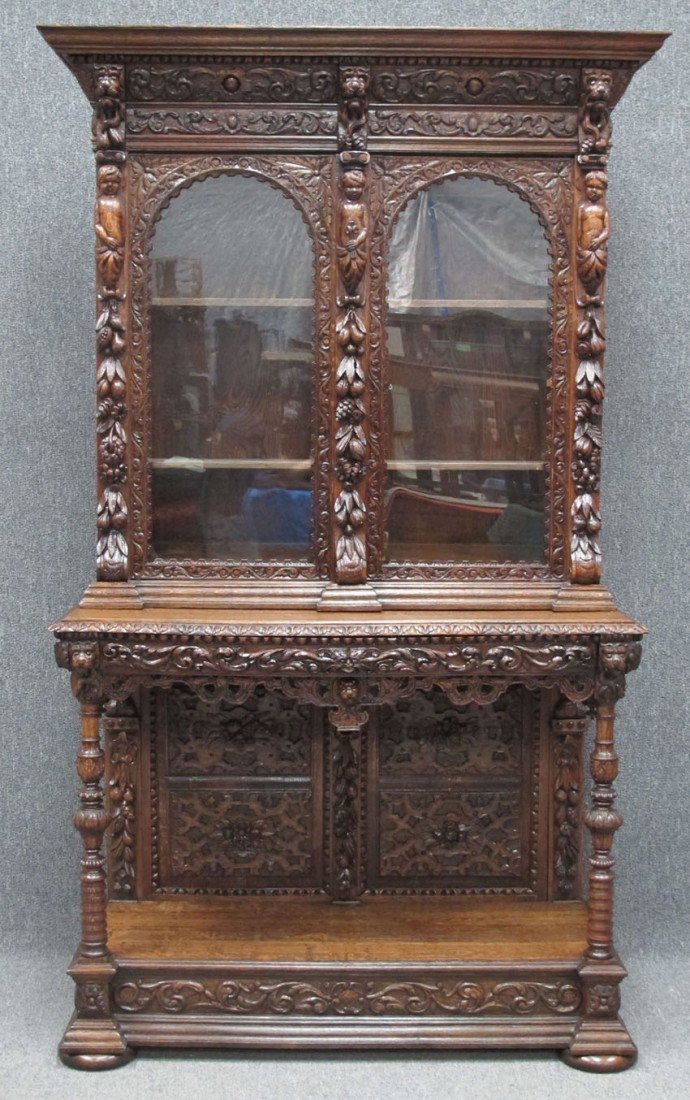 VICTORIAN CARVED OAK BOOKCASE: VICTORIAN CARVED OAK BOOKCASE height: 96", width: 54"