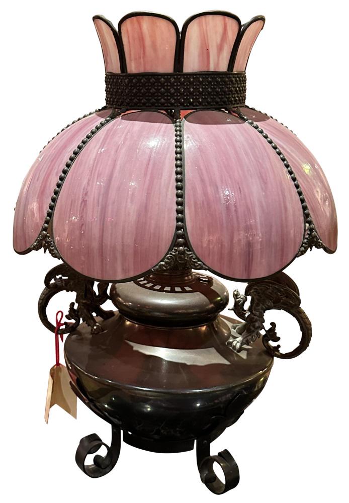 VICTORIAN PINK SHADE GLASS LAMP: Store price-$850 Height-25" Diameter of shade-18" Inv. # 2-2-958