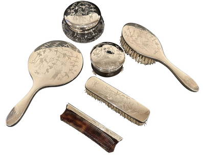 STERLING SILVER 6 PC. VANITY SET W/ ASIAN MOTIF: Length of mirror & brush- 9 1/2"- 9 1/2" Jars- 3 1/4"- 4 1/2" Condition- dent in lid of one silver jar Shipping U.S. $45 plus insurance