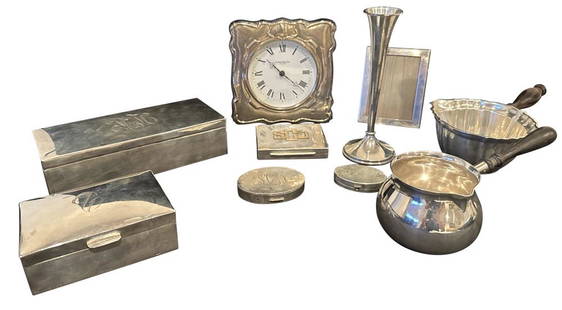 COLLECTION OF STERLING SILVER (ALL WEIGHTED): Presentation boxes, pouring vessels, frame Length of boxes- 4 3/4"- 8" Pouring vessels- 7 1/2"- 8 3/4" Weight - 64 Troy Oz.