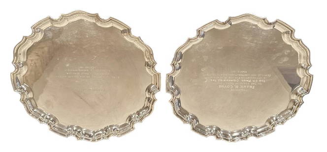 TIFFANY & CO. STERLING SILVER PRESENATION TRAYS: Weight- 55 troy ozs. Diameter of tray- 12" with engraved presentation Shipping U.S. $65 plus insurance