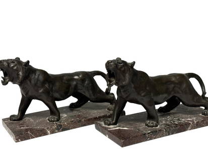 FRENCH BRONZE FIGURES OF TIGERS ON STANDS: early 20th century Length of base- 11 3/4"