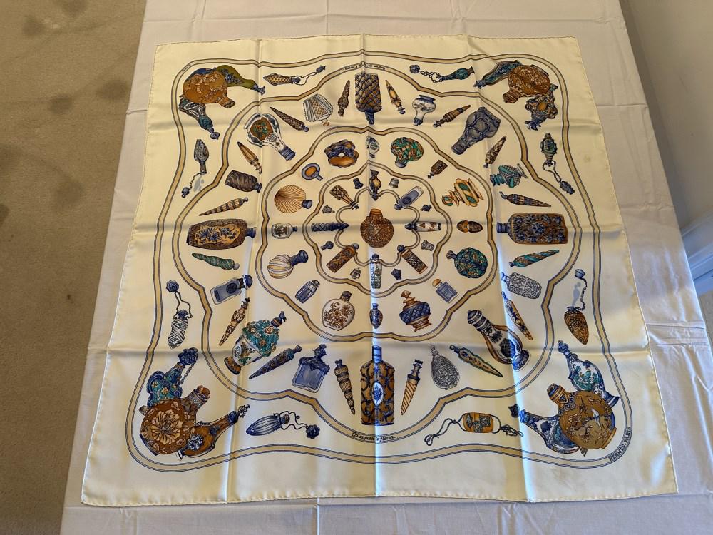 HERMES PARIS SILK SCARF- QU'IMPORTE LE FLACON: Condition- shows areas of spots, please inspect