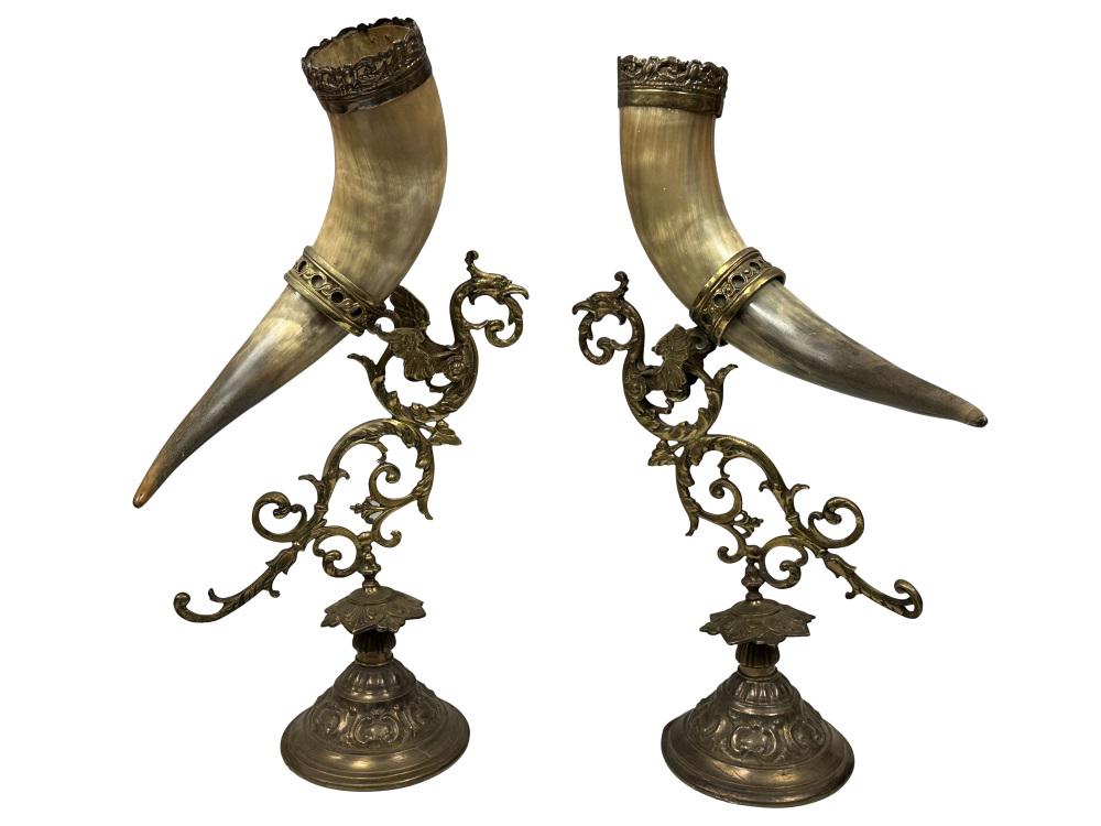 PAIR FRENCH CORNUCOPIA HORN & GRIFFIN STANDS: Height- 21"
