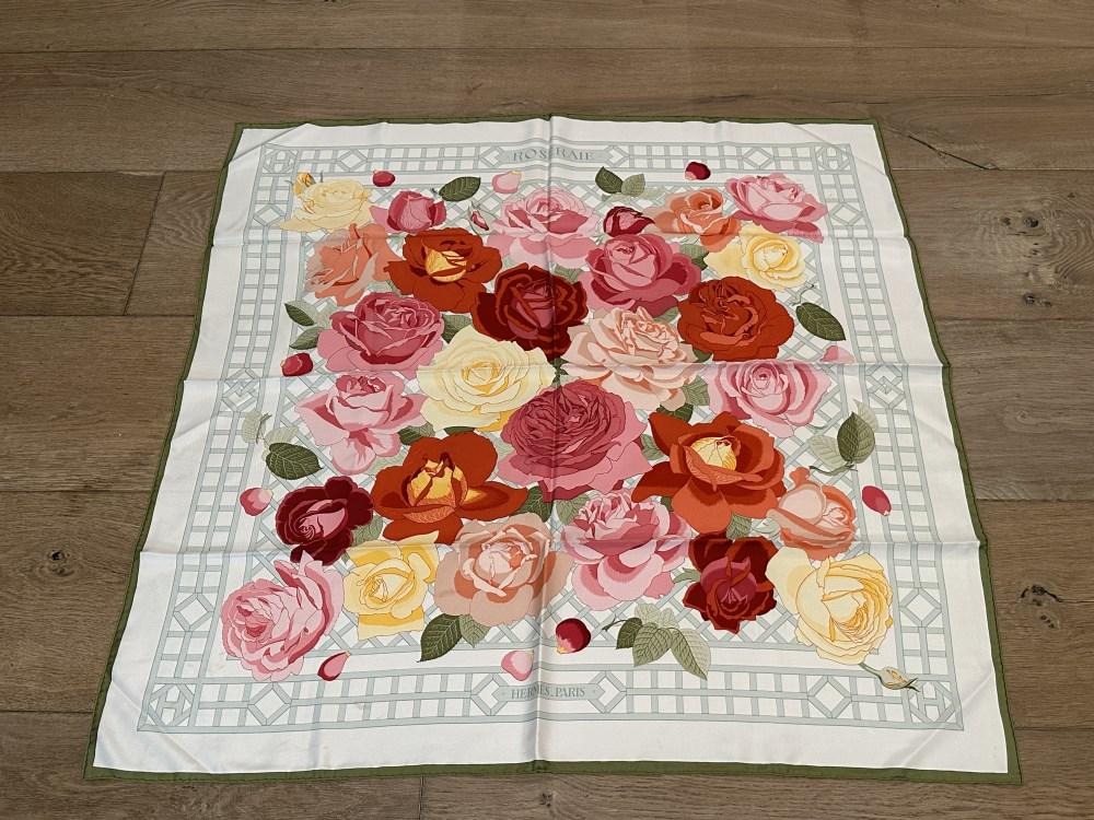 HERMES PARIS SILK SCARF- ROSERAIE: Shows some spots-please inspect