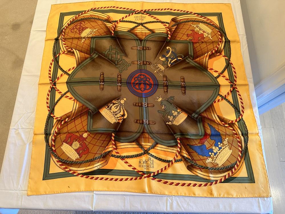 HERMES PARIS SILK SCARF- GRANDE TENUE: Shows some spots- please inspect