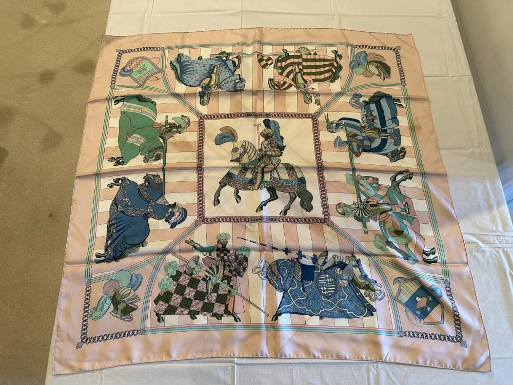 HERMES PARIS SILK SCARF- CHOCS EN PLUMES: Conditon- some spots, please inspect