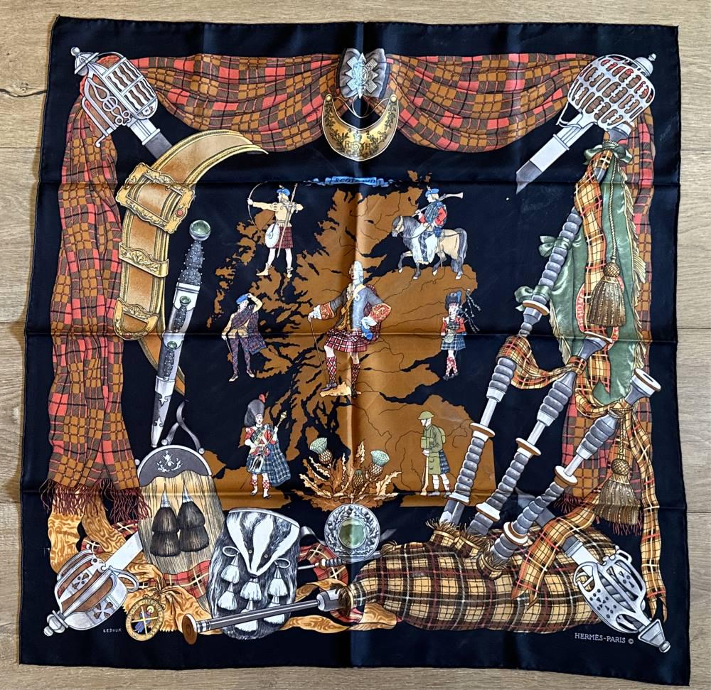 HERMES PARIS SILK SCARF- SCOTLAND: Condition- some spots, please inspect