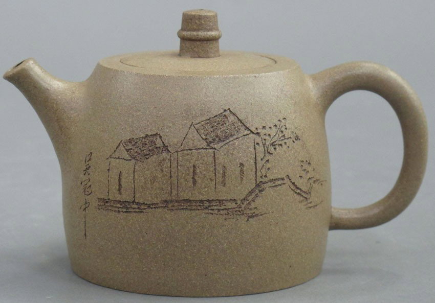 CHINESE CLAY TEAPOT stamped by Gu Jingzhou heig: CHINESE CLAY TEAPOT stamped by Gu Jingzhou height- 4"