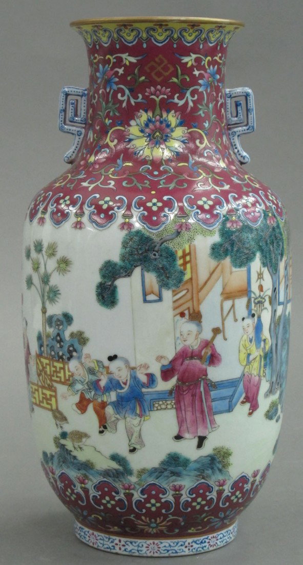 FAMILLE ROSE ROULEAU VASE WITH JIANQING MARK he: FAMILLE ROSE ROULEAU VASE WITH JIANQING MARK height- 11"