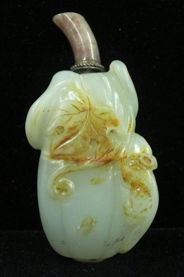 CARVED WHITE JADE SNUFF BOTTLE with orange blos: CARVED WHITE JADE SNUFF BOTTLE with orange blossom height- 2 1/4" without stopper