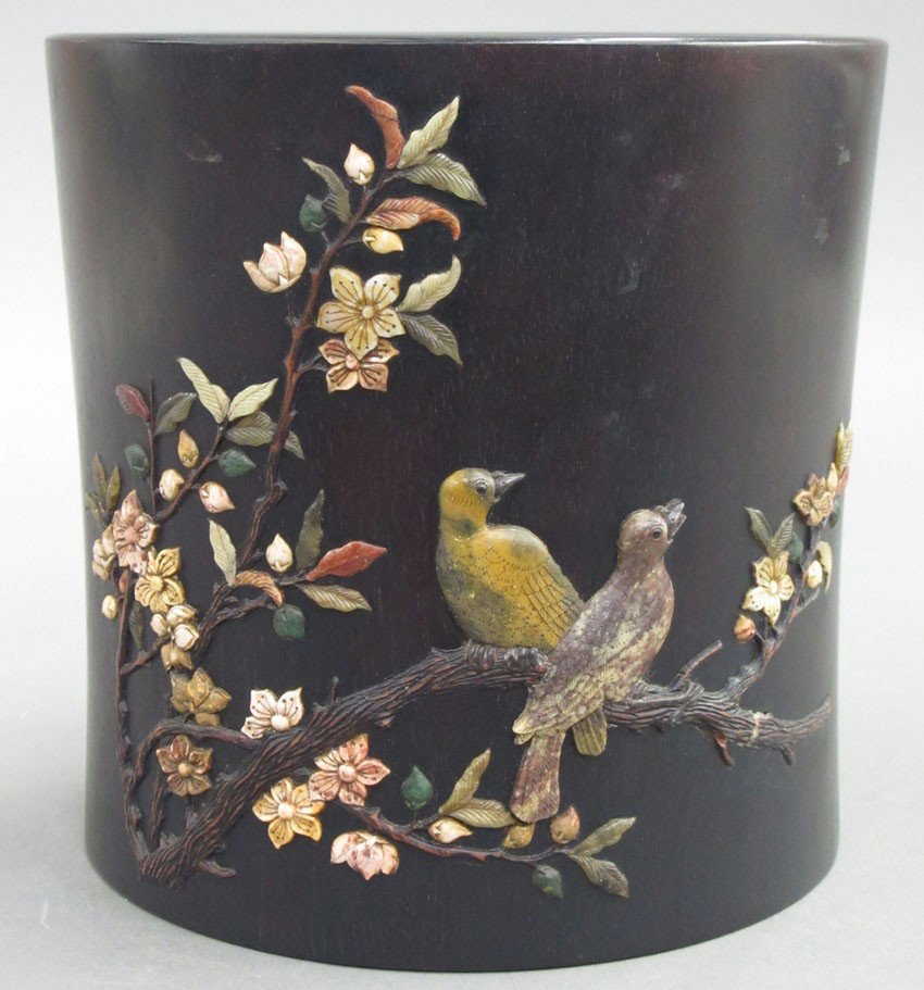 CARVED WOOD BRUSH POT with carved stone decorat: CARVED WOOD BRUSH POT with carved stone decoration height- 7 1/2"