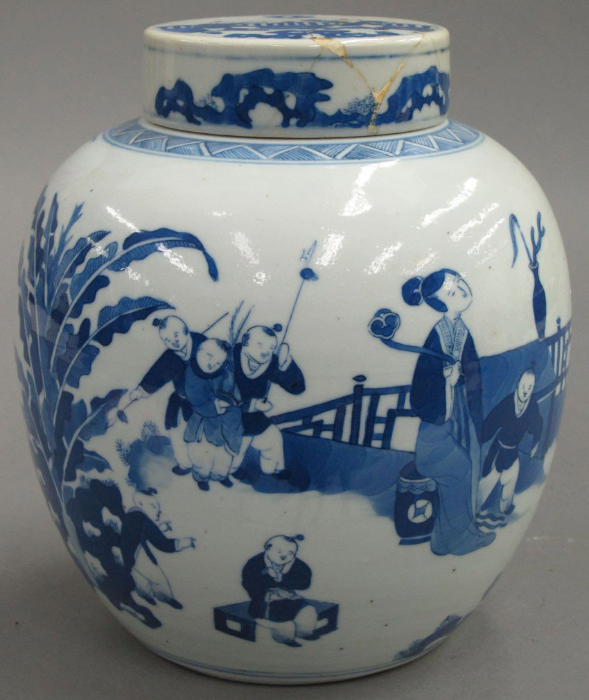 CHINESE BLUE AND WHITE VASE with lid late 19th-: CHINESE BLUE AND WHITE VASE with lid late 19th- early 20th century note- damage to lid and some repairs height- 8 1/2"