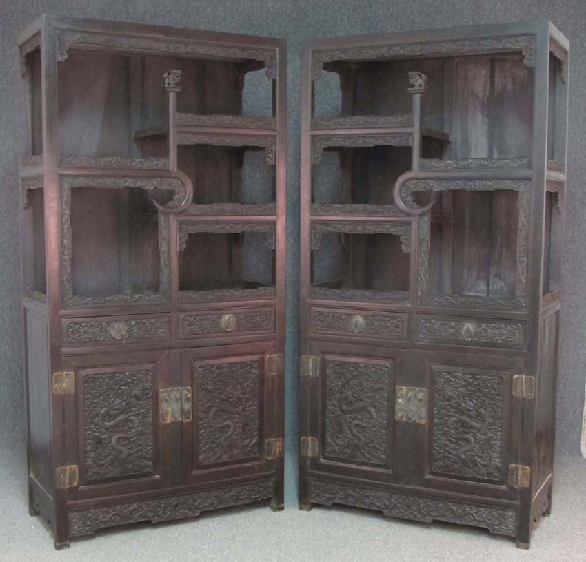 PAIR OF CHINESE CARVED DISPLAY CABINETS with dr: PAIR OF CHINESE CARVED DISPLAY CABINETS with dragons height- 86", width- 44", depth- 19 1/2"