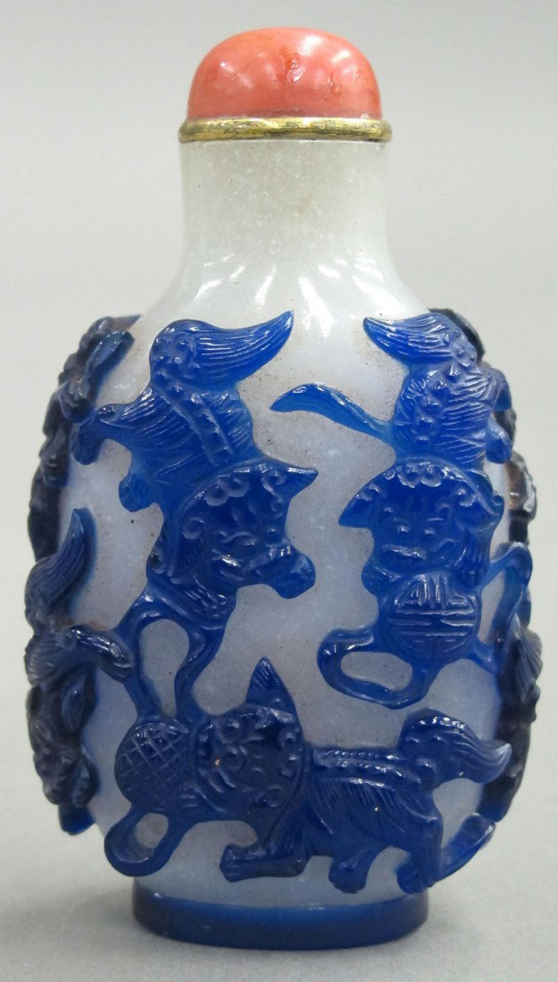 CHINESE BLUE OVERLAY SNUFF BOTTLE height- 3 1/4: CHINESE BLUE OVERLAY SNUFF BOTTLE height- 3 1/4"