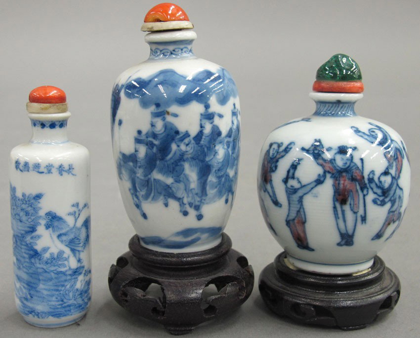 LOT OF (3) BLUE AND WHITE PORCELAIN SNUFF BOTTL: LOT OF (3) BLUE AND WHITE PORCELAIN SNUFF BOTTLES circa late 19th century- early 20th century two have character marks height- 2 1/2"- 3"