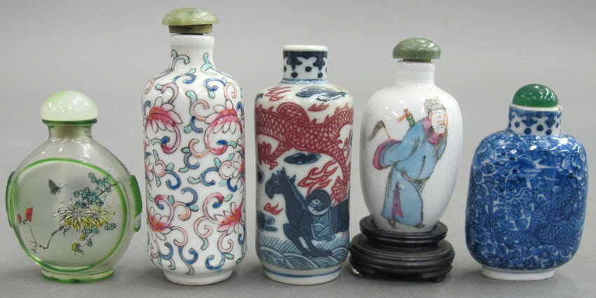 LOT OF (5) CHINESE SNUFF BOTTLES one is glass h: LOT OF (5) CHINESE SNUFF BOTTLES one is glass height- 2 1/4"x 3 1/4"