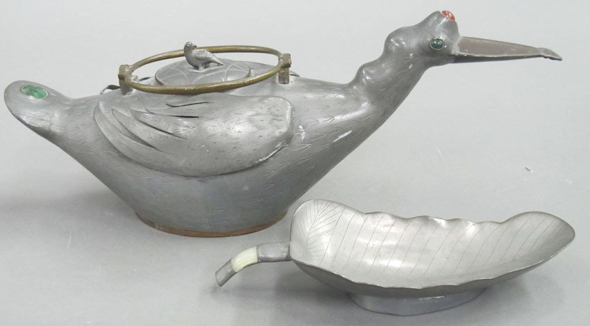 CHINESE PEWTER TEAPOT AND DISH in shape of bird: CHINESE PEWTER TEAPOT AND DISH in shape of bird and leaf length- 14 1/2", 9