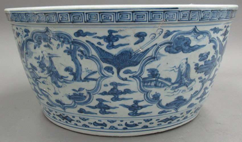 LARGE CHINESE BLUE & WHITE PORCELAIN FISH BOWL: LARGE CHINESE BLUE & WHITE PORCELAIN FISH BOWL height- 9 1/2" diameter- 20 1/2"