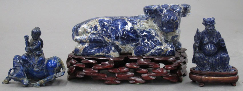LOT OF LAPIS CARVINGS (2) figures and (1) water: LOT OF (3) LAPIS CARVINGS (2) figures and (1) water buffalo length of water buffalo- 6" height of figures- 2 1/2', 3"