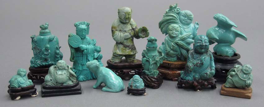 LOT OF (12) CARVED TURQUOISE FIGURES height- 1/: LOT OF (12) CARVED TURQUOISE FIGURES height- 1/2"- 2 3/4"