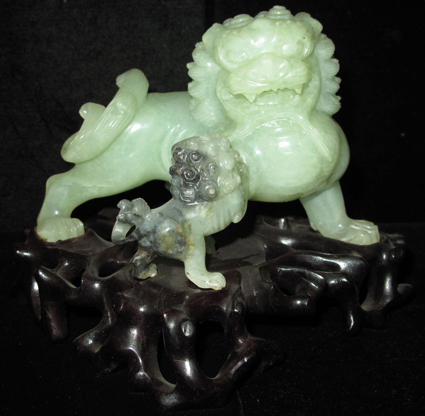 CARVED GREEN JADEITE FIGURE OF LION length- 5 1: CARVED GREEN JADEITE FIGURE OF LION length- 5 1/2"