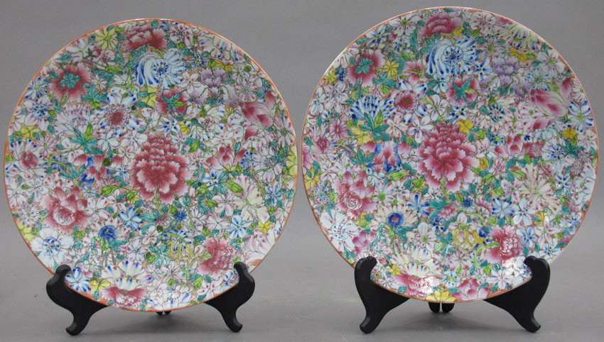 PAIR OF CHINESE ROSE FAMILLE PAINTED CHARGERS d: PAIR OF CHINESE ROSE FAMILLE PAINTED CHARGERS diameter- 13"