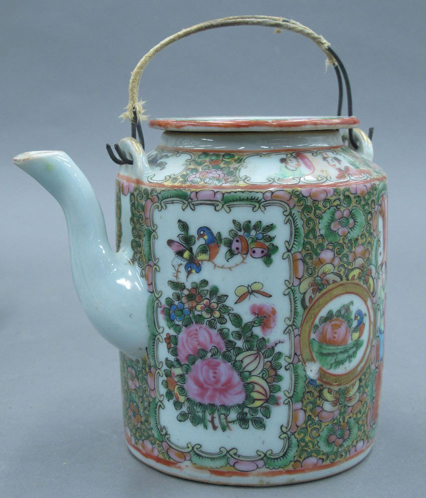 CHINESE ROSE CANTON TEA POT with basket note- c: CHINESE ROSE CANTON TEA POT with basket note- cup missing from set height of tea pot - 5 3/4"