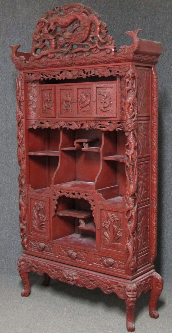 JAPANESE CARVED RED LACQUERED CABINET length- 9: JAPANESE CARVED RED LACQUERED CABINET length- 98 1/4", width- 47 1/2", depth- 14 3/4"