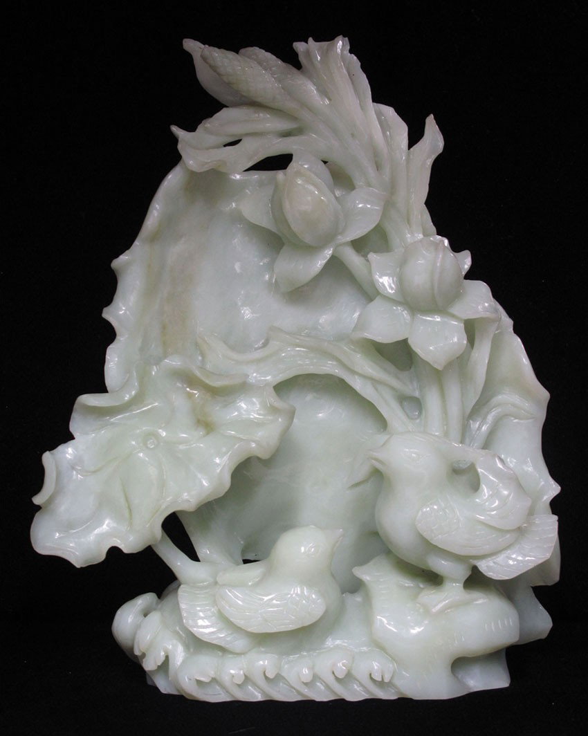 1 SERPENTINE JADE CARVING OF BIRDS height- 9": SERPENTINE JADE CARVING OF BIRDS height- 9"