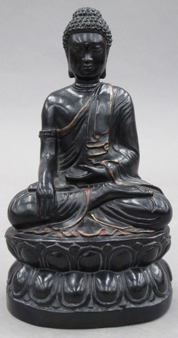 1 CHINESE CARVED WOOD BUDDHA with chop mark heigh: CHINESE CARVED WOOD BUDDHA with chop mark height- 10"