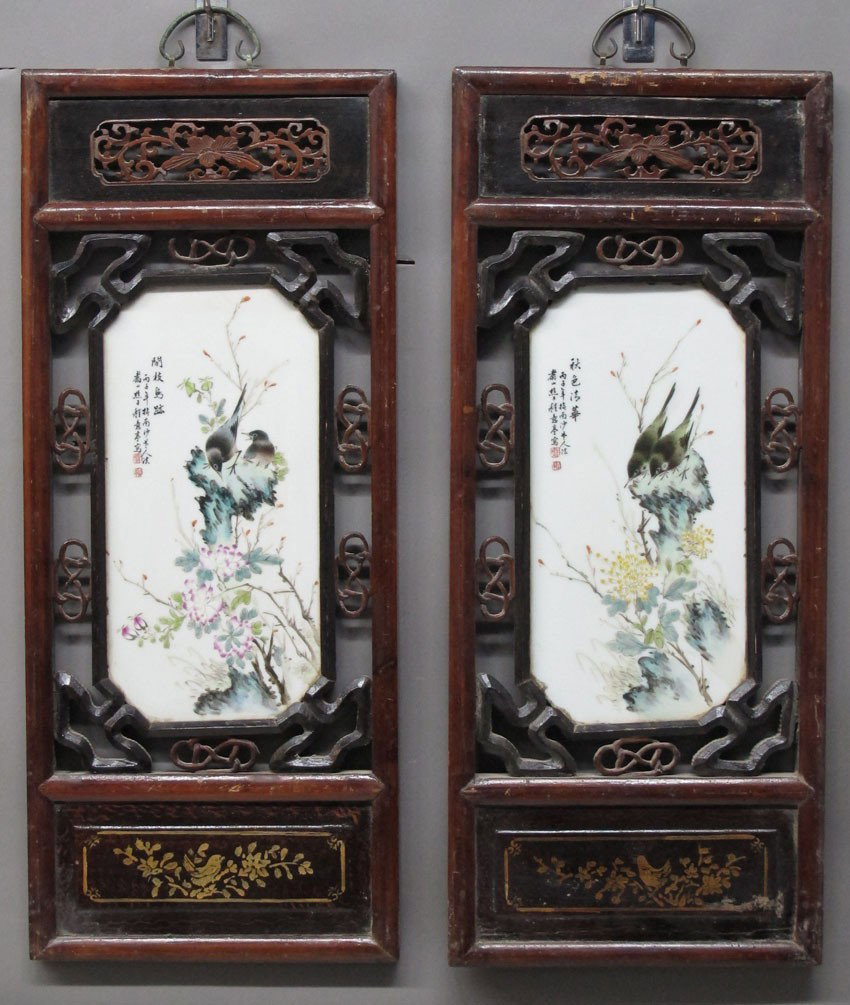 1 LOT OF (2) CHINESE WALL PANELS with painted por: LOT OF (2) CHINESE WALL PANELS with painted porcelain plaques sight- 12" x 29"