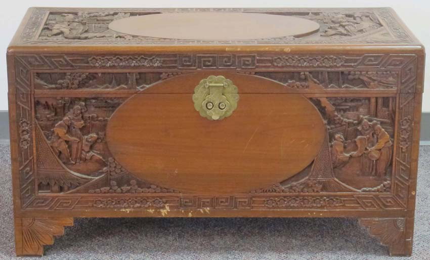 1 CHINESE CARVED CAMPHOR WOOD CHEST length- 36" h: CHINESE CARVED CAMPHOR WOOD CHEST length- 36" height- 18" depth- 16"