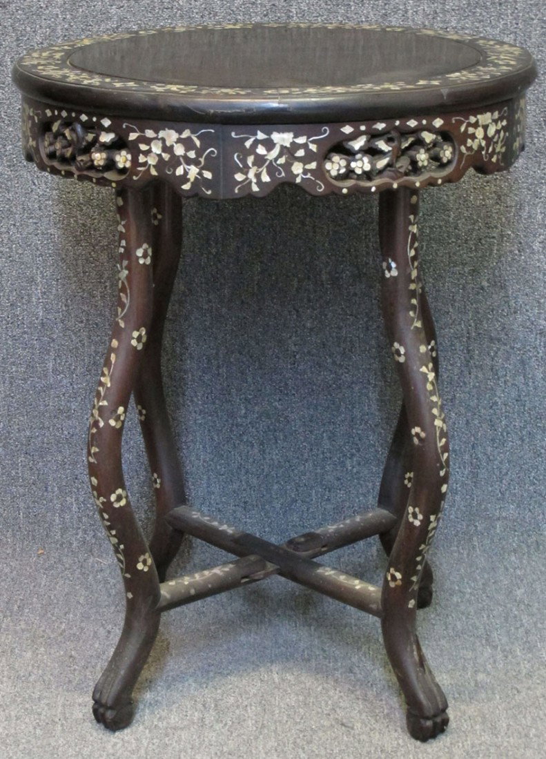 CHINESE ROSEWOOD CENTER TABLE with mother of pear: CHINESE ROSEWOOD CENTER TABLE with mother of pearl inlay early 20th century height- 33", diameter- 25"
