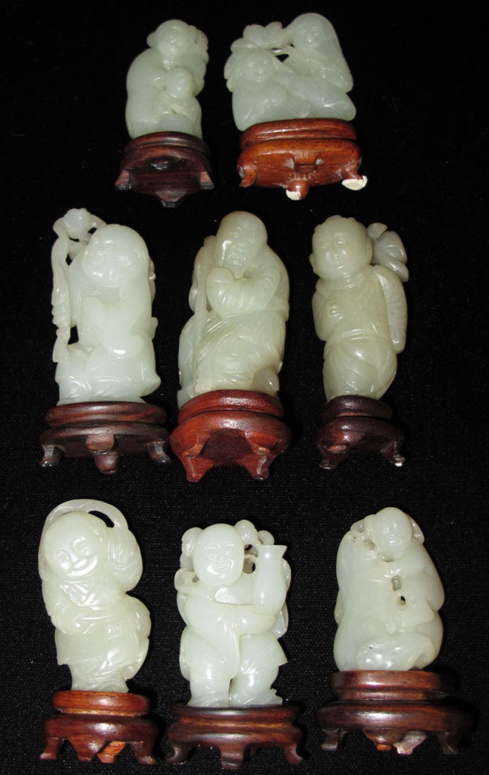 LOT OF (8) CARVED JADE FIGURES heights- 2" - 2 1/: LOT OF (8) CARVED JADE FIGURES heights- 2" - 2 1/2"