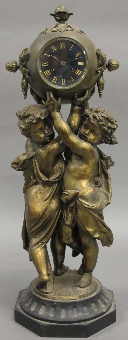 FRENCH GILT METAL FIGURAL STATUE CLOCK bottom s: FRENCH GILT METAL FIGURAL STATUE CLOCK bottom signed A. Carrier height- 30"