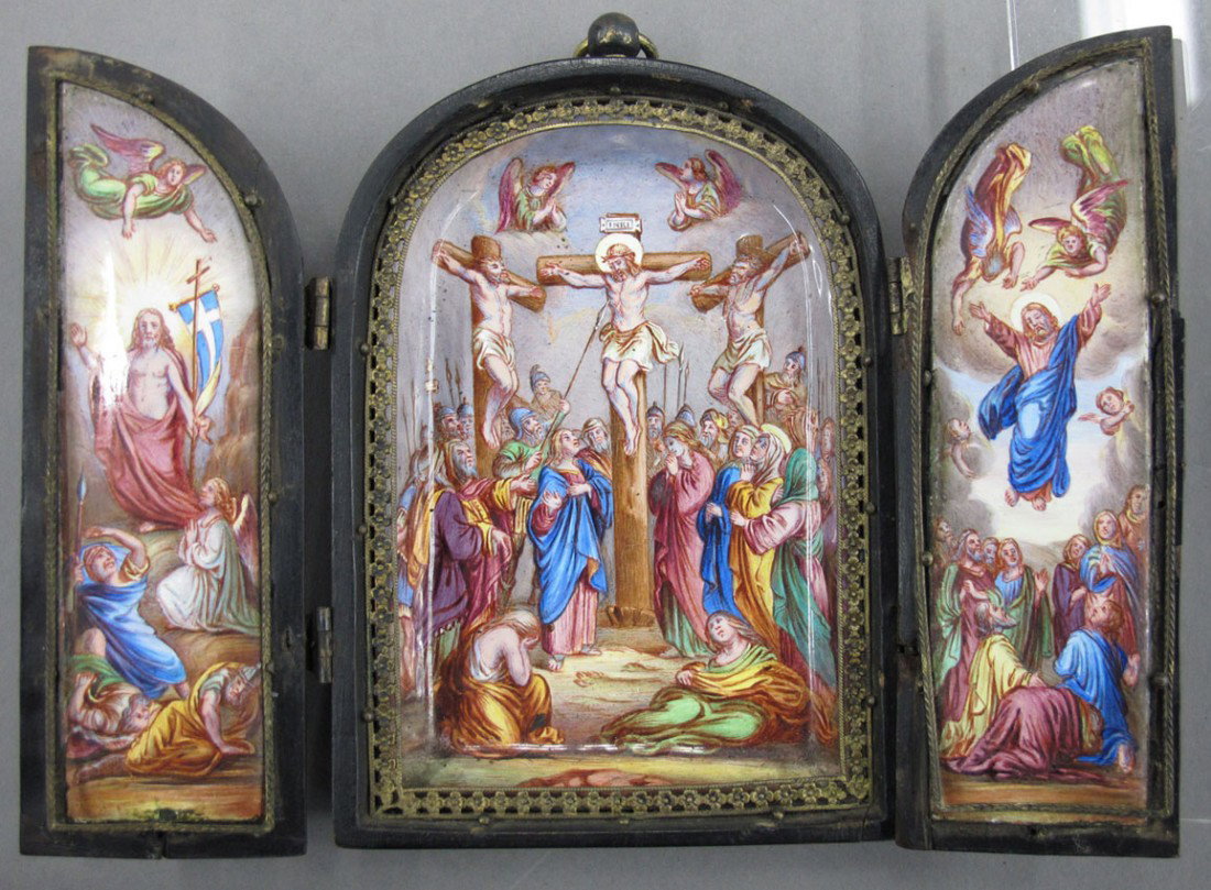 EARLY LIMOGES THREE PART ENAMELED DEPICTION OF: EARLY LIMOGES THREE PART ENAMELED DEPICTION OF CHRIST height- 5", width 6 1/2"